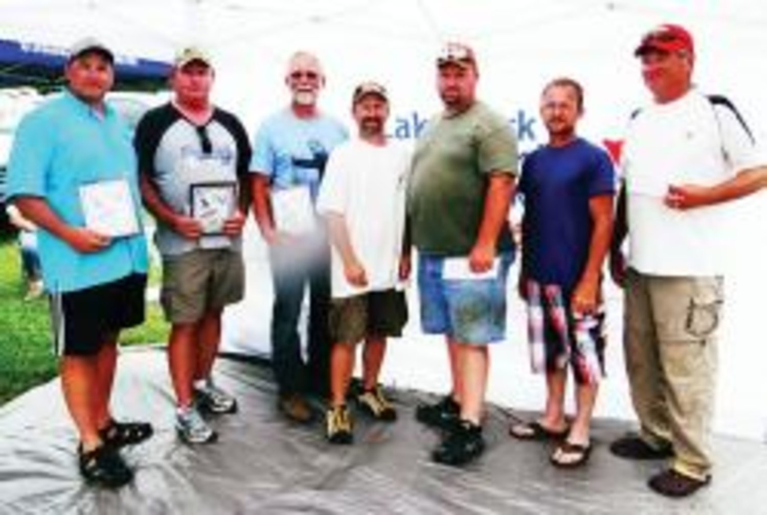 Catfish tourney group winners: The top anglers of the Lake Fork Catfish Classic. From left to right: Steve Jones, Larry Jenkins, Thomas Roedell, Roger Stroman, Johnny Brown, Rodney Brantley and James Nugent. Photo/Dick Walker, Lake Fork Sportsman's Association