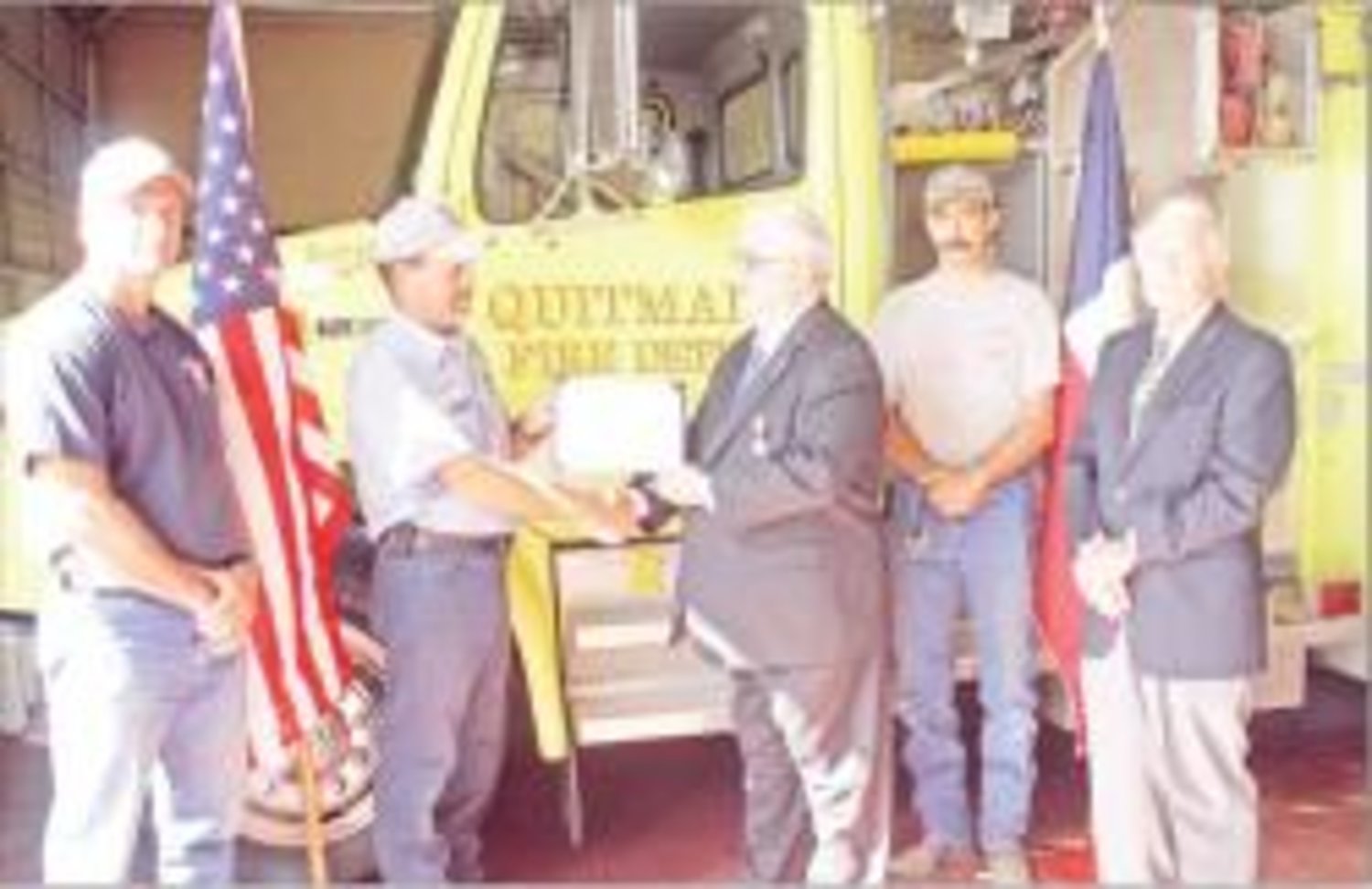 The Sons of the American Revolution Athens Chapter 54 recognized the Quitman Volunteer fire Department recently for outstanding service to the community. Pictured here (left to right) Firefighter Shaun Richey, Fire Chief Scott Wheeler, SAR leader Gene Pilgrim, Firefighter Mike Gilmore and SAR representative Charles Luna.