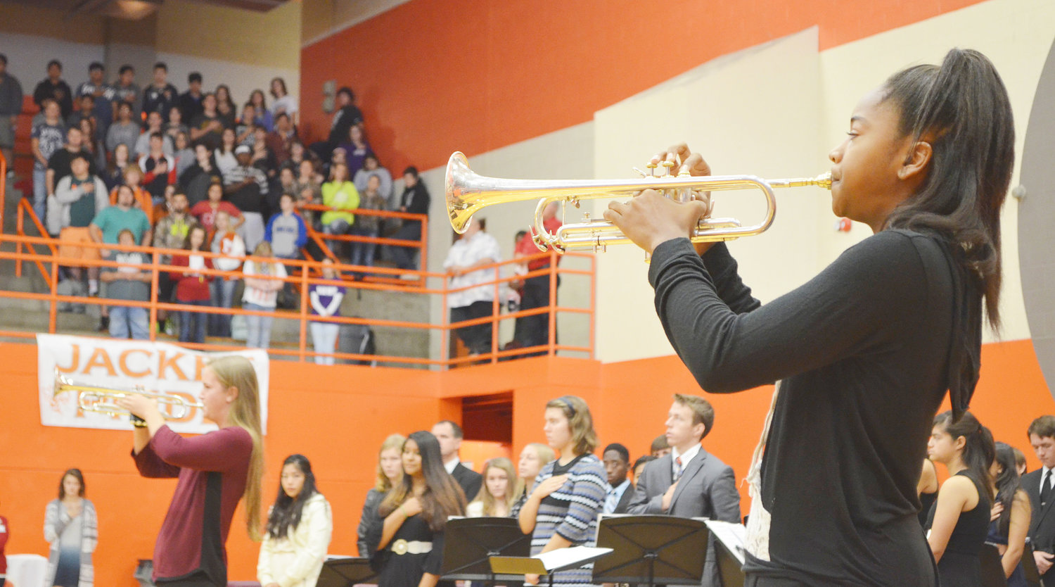 “Taps” is played at the conclusion of the Mineola Veterans Day program held in the high school gym. (Monitor photo by Evan Dudley)