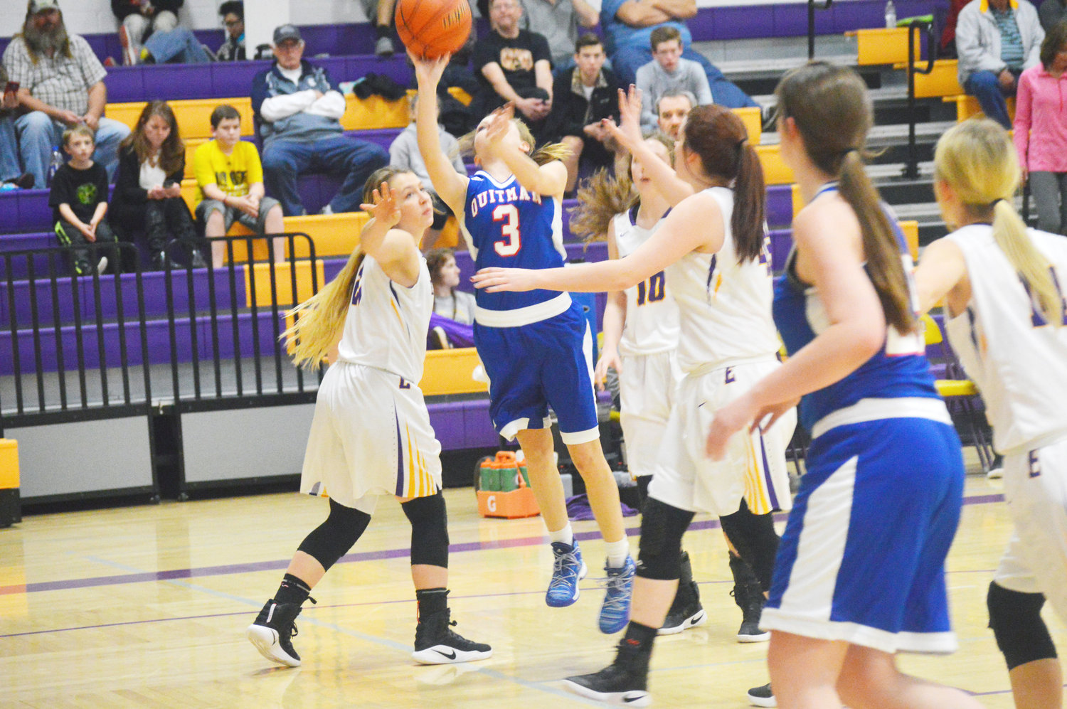 Quitman’s Brittany Walls goes up for two points at Edgewood last Tuesday night. (Photo by Larry Tucker)