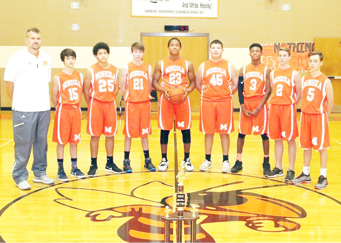 The Mineola Middle School Eighth Grade Yellowjackets were undefeated this year with a record of 15-0, winning the Vandal Shootout Championship and the District 12-AAA championship. They are, from left, Caleb Gant, Kobe Kendrick, Andrew Stinchfield, Trevion Sneed, Jackson Anderson, Jonathan Blackwell, Jonah Fischer and Thomas Hooton. (Courtesy Gene’s Photography)