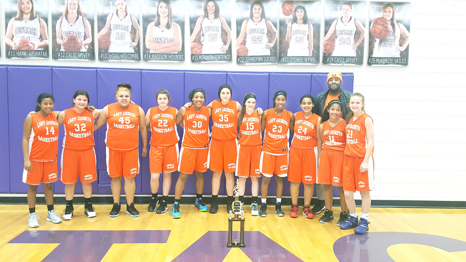 Mineola Middle School Girls’ Basketball competed in the District Tournament in Eustace on Jan. 28. The eighth grade girls finished second overall.  Seventh grade girls finished third overall. The MMS girls basketball team members are, from left, Leonica Villeda, Erica Marquez, Gabriella Ortiz, Alexia Love, Alyssa Fielder, Brittany Pickle, Caidyn Anderson, Tahjae Black, Catherine Mclemore, Jaiden Gardner, Emily Wiley and Coach Ed Hawkins. (Photo courtesy Gene’s Photgraphy)