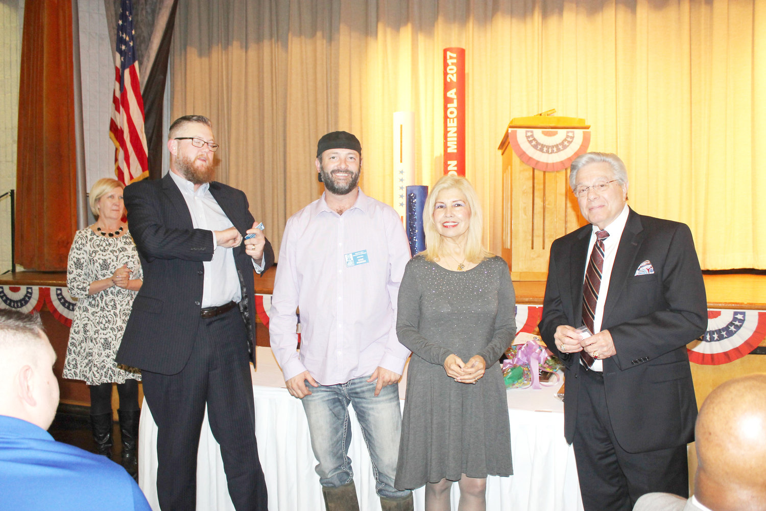 New chamber directors are from left, Jason Herring, owner of Cowburners; Luke Parrish, owner of Claw Daddy’s; Lupita Wisener of Wisener Field Airport and Jerry Richardson, president at Wood County National Bank in Mineola. Outgoing president Becky Moore is in the background on the left.
