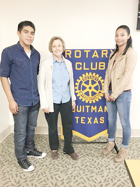 Quitman Rotary President Martha Scroggins (center) welcomes February Students of the Month Mandy Hubbard (right) and Jose Rojas (left) to the club’s Feb. 23 meeting.  Hubbard and Rojas are both Quitman High School seniors with their sights set on becoming certified public accountants.  Hubbard, daughter of Neal and Melanie Poppenhusen, plans to attend UT Tyler. Rojas, son of Micaela and Juan Rojas, plans to attend UT Arlington.