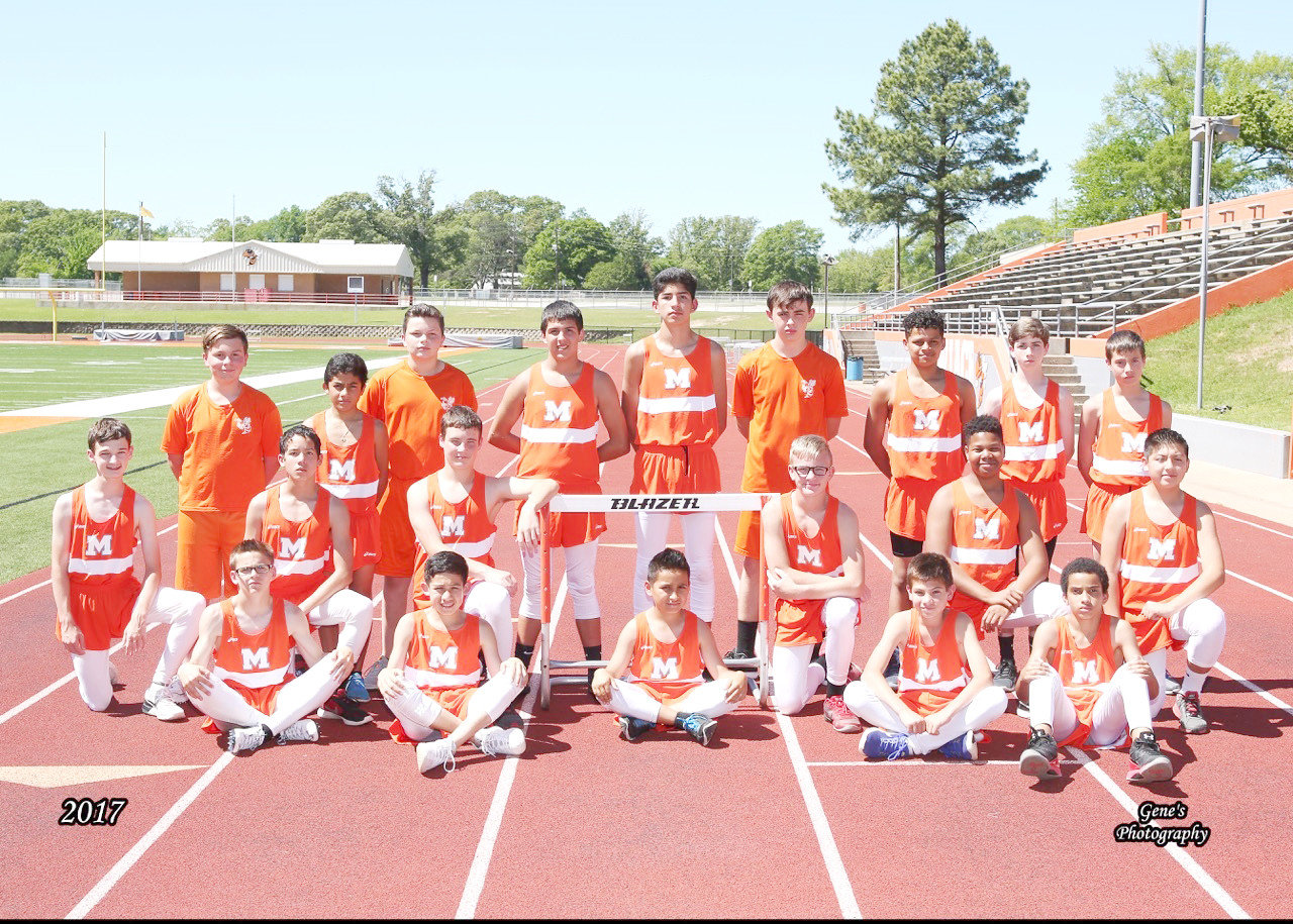The seventh grade MMS track team was runner-up in the District Track Meet last week. They are from left, standing, Quinton Crowley, Arturo, Perez, Jayden Hass, Drew Robertson, Julian Ramos, Cole McKinney, Nate Griffin, Jack Heard and Caden Mosher; on a knee, Lane Averett, Hayden Wages, Caleb Barton, Oliver Barnes, Stephen Ogueri, Christian Martinez and sitting, Coy Anderson, Omar Galaz, Alexis Villeda, Royer Marquez and Zack Williams.
