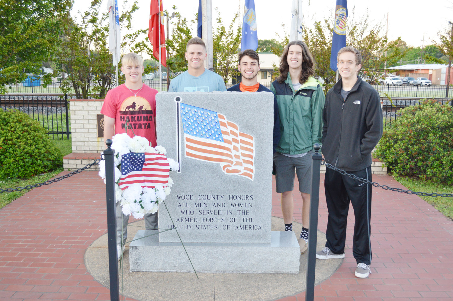 The Junior Historians placed a wreath at the Veterans Memorial Thursday honoring the centennial of the nation’s entry into World War I. The Mineola casualty list includes George M. Abney, Adolphus Gaspard Busby, James Madison Carroll, Luckett White Cochran, David Claud Harry, Cody Bill Johnson, Harry Strickland and Benjamin Earnest Veitch. The eight doughboys were killed in action in France or died from injuries received in France. The Junior Historians are Seth Hudgins, Aaron Stanford, Dalton Harris, Austin Witt and Cameron Sorenson. The group is planning a Memorial Day ceremony, “Remembering the Great War,” at noon, May 29 at St. Dunstan’s Episcopal Church. (Photo courtesy Jim Phillips)