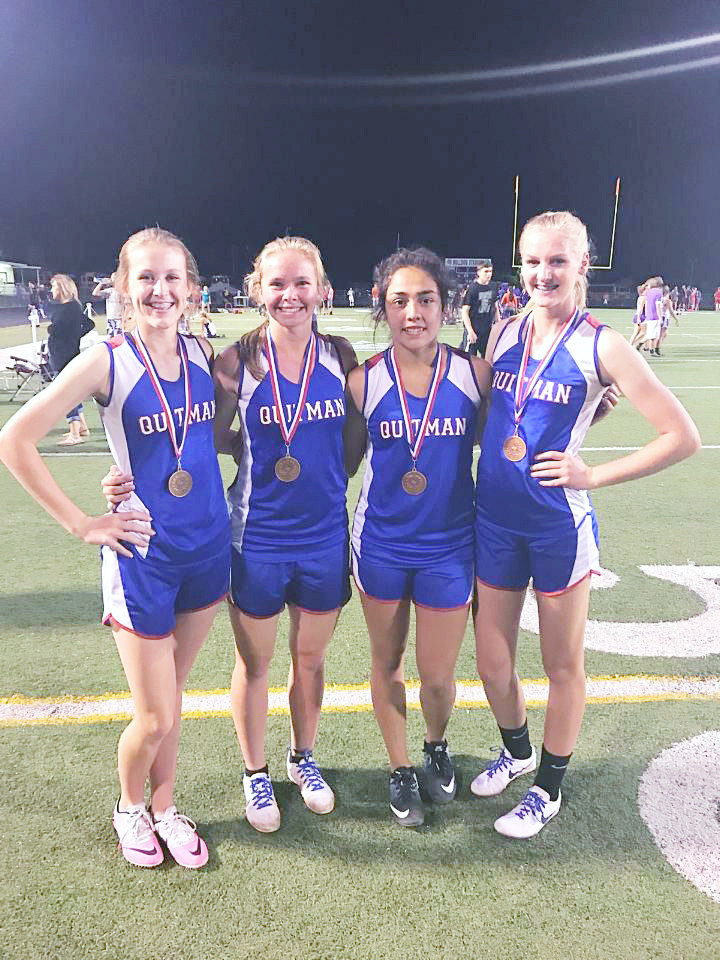 The Quitman girl’s 4X400 meter relay team came in third place to advance to the area meet at Eustace. They are (left to right) Jentri Jackson, Madalyn Spears, Selene Preciado and Julia Simpkins.