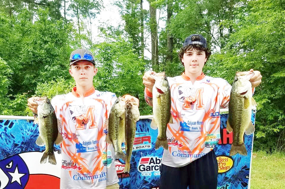 Mineola HS Fishing Team had three teams competing this weekend at Sam Rayburn Reservoir for a chance to move on to the state tournament next month. The team of River Simonek & Tristan Rychlik weighed in five fish for a total of 9.81lbs. They will fish with their captain, Kevin Stanley, at Lake Ray Roberts, near Sanger, on May 19-21. (Courtesy photo)