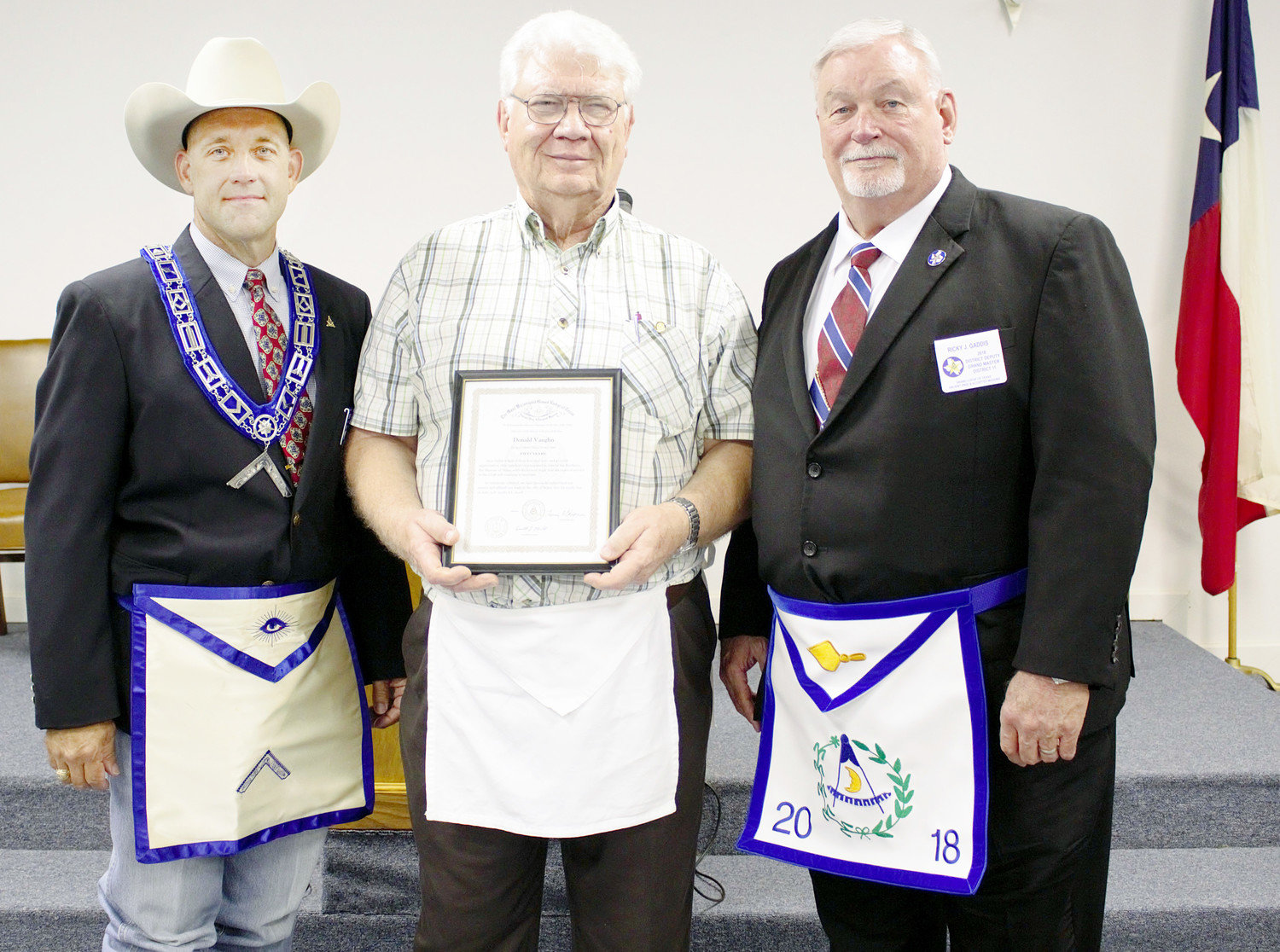 Donald Vaughn was presented with a 50 year pin commemorating his half century of Masonic service in a ceremony held on August 8th.  Pictured are Derek Spitzer, Master of the Lodge, Donald Vaughn and Ricky Gaddis DDGM. 