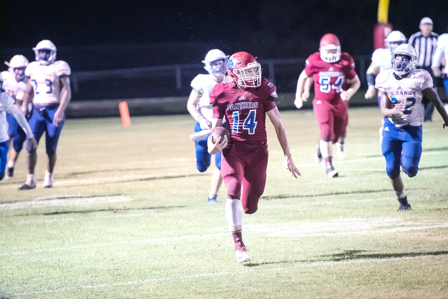 Alba-Golden’s Jon Michael Chadwick (14) breaks loose on a run in the first half of the Panthers game at home against Big Sandy. The game was called at the half. The Panthers go to Honey Grove this Friday.