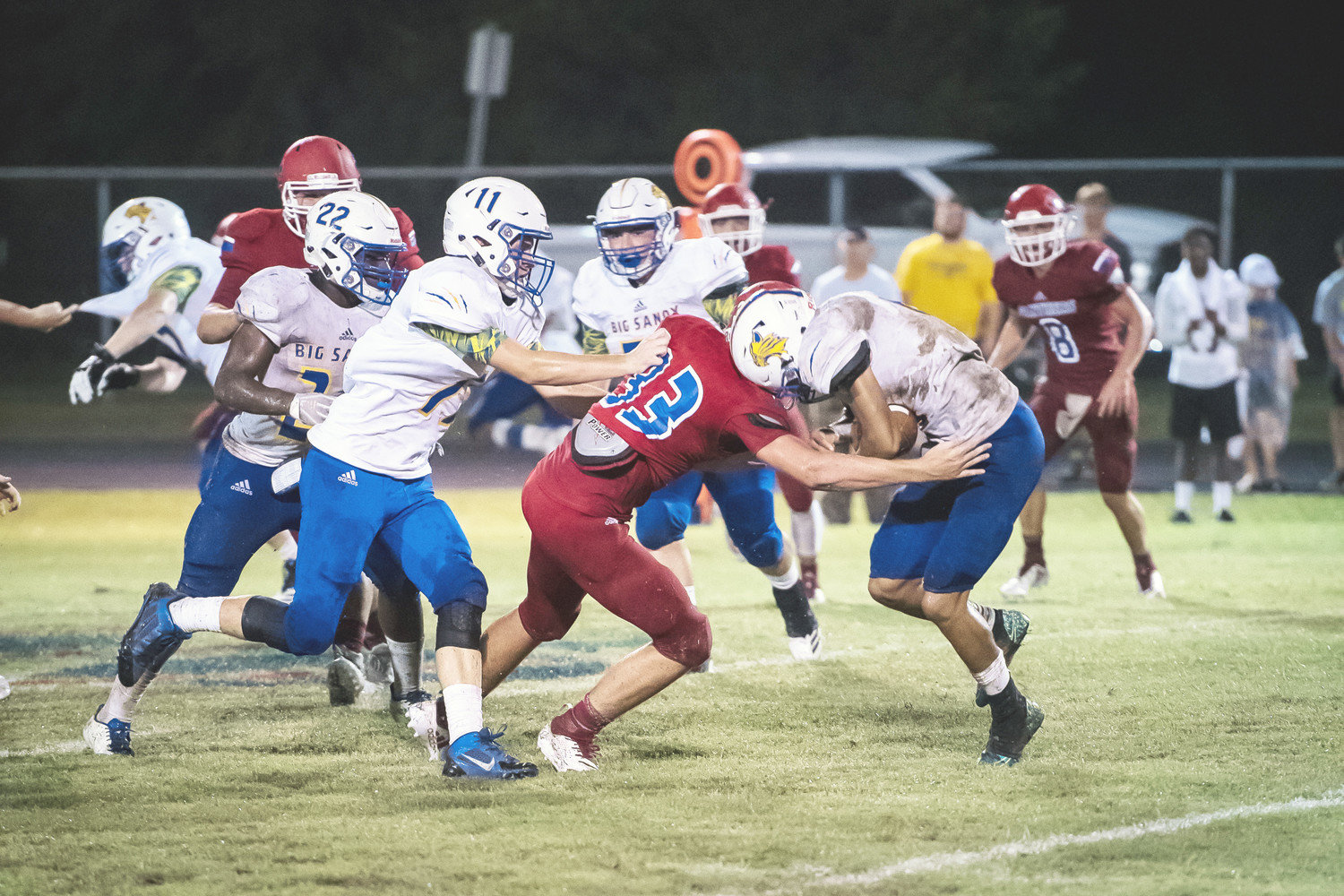 Alba-Golden’s Broedie Baker makes a big stop on a Big Sandy running back in Friday’s contest. The game was called at the half due to bad weather.