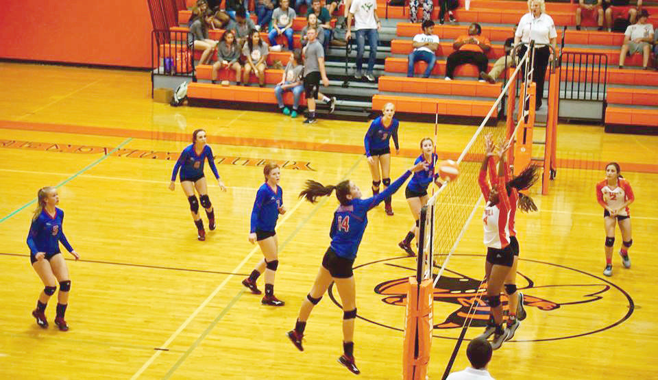 Quitman’s Ava Burroughs (14) gets a shot over the net in the Lady Bulldogs volleyball game at Mineola.