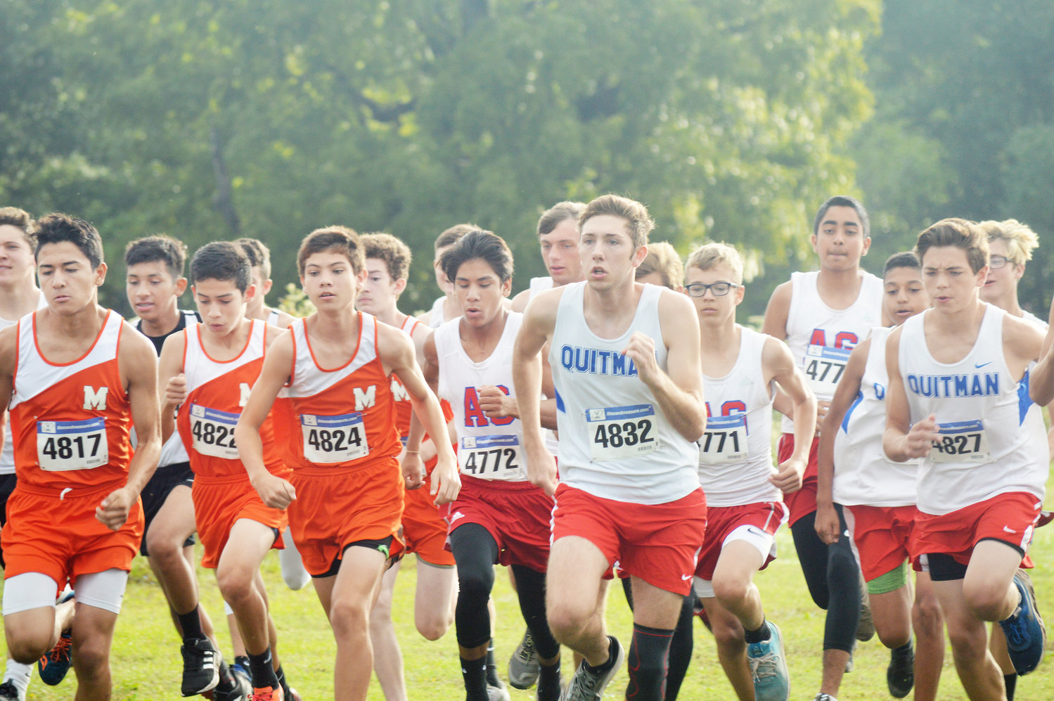 Quitman, Mineola and Alba-Golden runners take off from the starting line at Saturday’s district cross country meet.