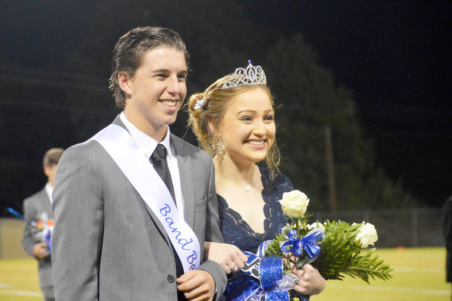 Quitman senior band members Jacob Day and Lilly Danner were selected Proud Blue Band Beau and Sweetheart prior to Friday’s game in Quitman.  (Monitor photo by Larry Tucker)