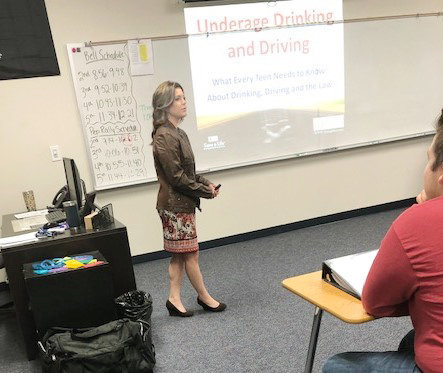 Quitman Municipal Court Clerk and Associate Judge Lauren Maynard gave a presentation on the dangers of underage drinking and driving to Coach Vincent Rapp’s senior government class. (Photo from City of Quitman)