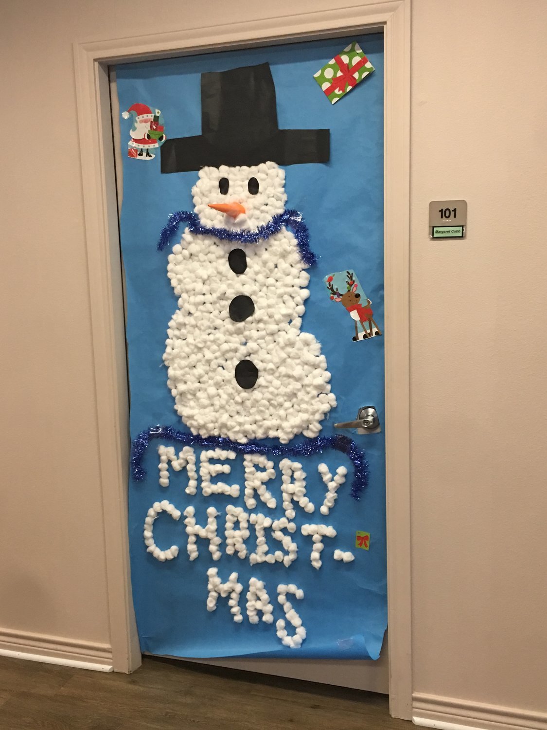 Wesley House resident Margaret “Margo” Cobb’s door featuring a snowman decoration created by Quitman High School athletes. (Monitor photos by Zak Wellerman).