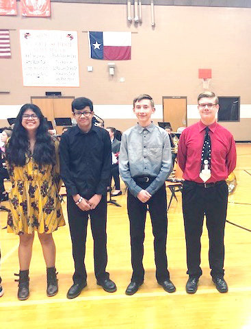 These Mineola Middle School percussionists were named to the All-Regional Band. From left are Vanessa Veloz, Cris Elejo, Cillian Russell and Corban Mize.