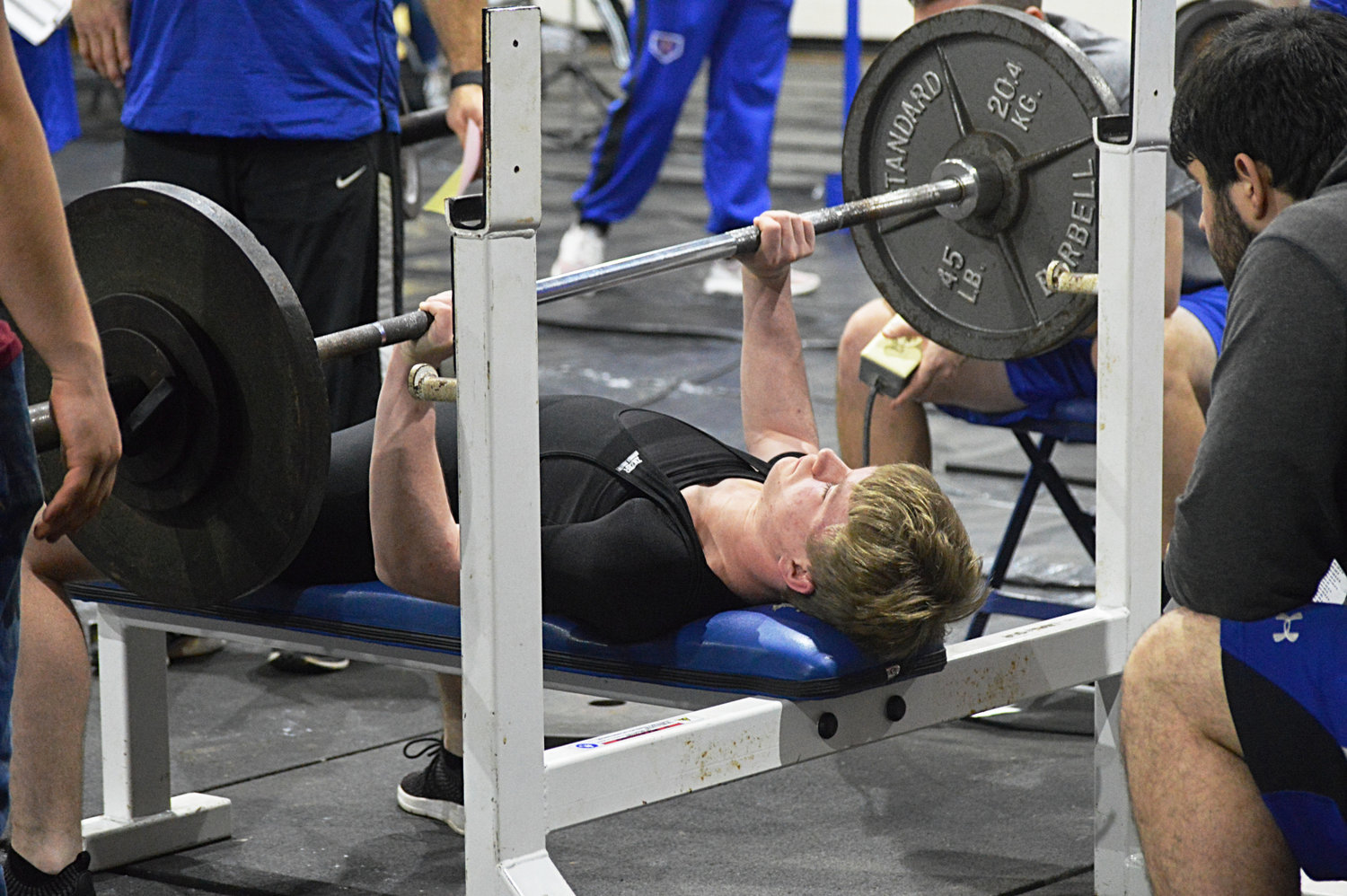 Quitman High School sophomore Bryan Morris performs the bench press during the boys power lifting competition Saturday in Quitman.