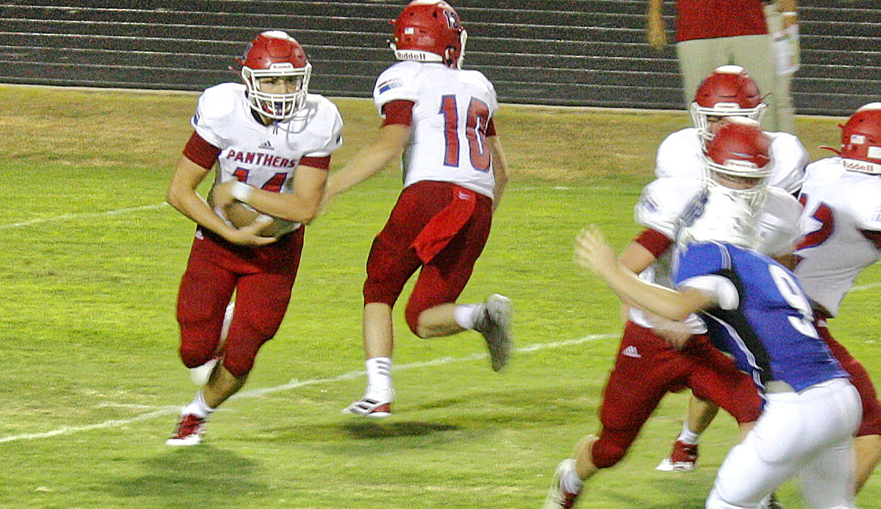 Alba-Golden running back Jon-Michael Chadwick takes the ball through the right side in Friday’s action against Hawkins.