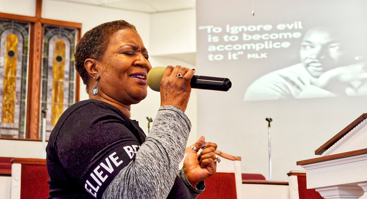 Sister Kathy Boyd sang heartfelt renditions of “Jesus Loves Me” and “Amazing Grace” at the St. Paul Missionary Baptist Church service honoring Dr. Martin Luther King Jr. Her unbridled passion for Christ could be felt as she sang about grace, liberty and love.