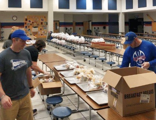 Quitman High School Assistant Principal Justin Cowart (left) and Athletic Director Bryan Oakes help prepare lunches to be given out to QISD families. The district continues the food give-away program while out of the classroom until at least May 4.