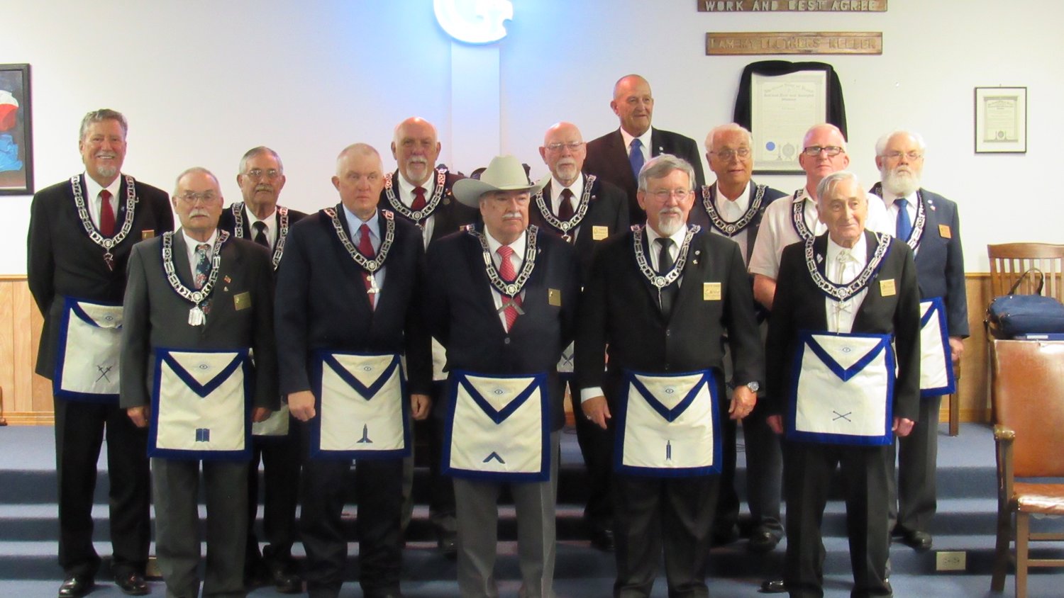 Installing officer was Verl Tramel (in back). Officers include, back from left, Larry Oliver, Elton Boubel, Charles French, Kenneth Johnson, Alfred Lobdell,  Doug Linneberger, Standlee Spencer, and, front, Earl Haddock, Diron Young, Stanley Brosky, Ralph Hooten, and John Osmonson.