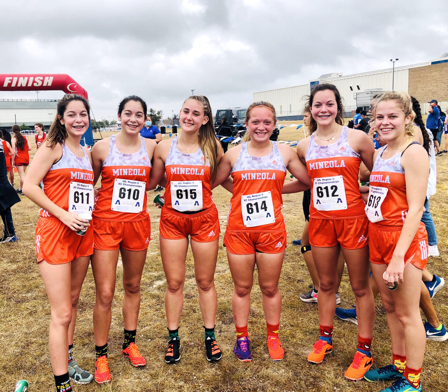 The  Mineola girls cross country team, from left, Keilee Riley, Kapri Riley, Hannah Zoch, Riley Weekly, Kozbie Riley and Julianna Stanley, placed fourth at the regional meet Nov. 9, which would normally qualify for the state meet. But due to added restrictions the girls will have to stay home.