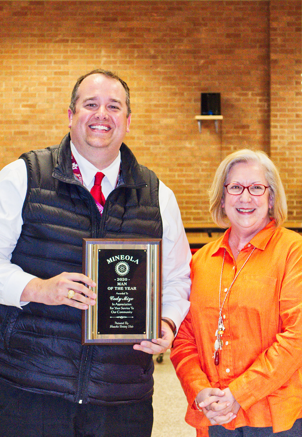 Mineola School Superintendent Cody Mize was named Mineola Man of the Year at Monday night’s school board meeting. Club President Denise Hurst presented the honor.