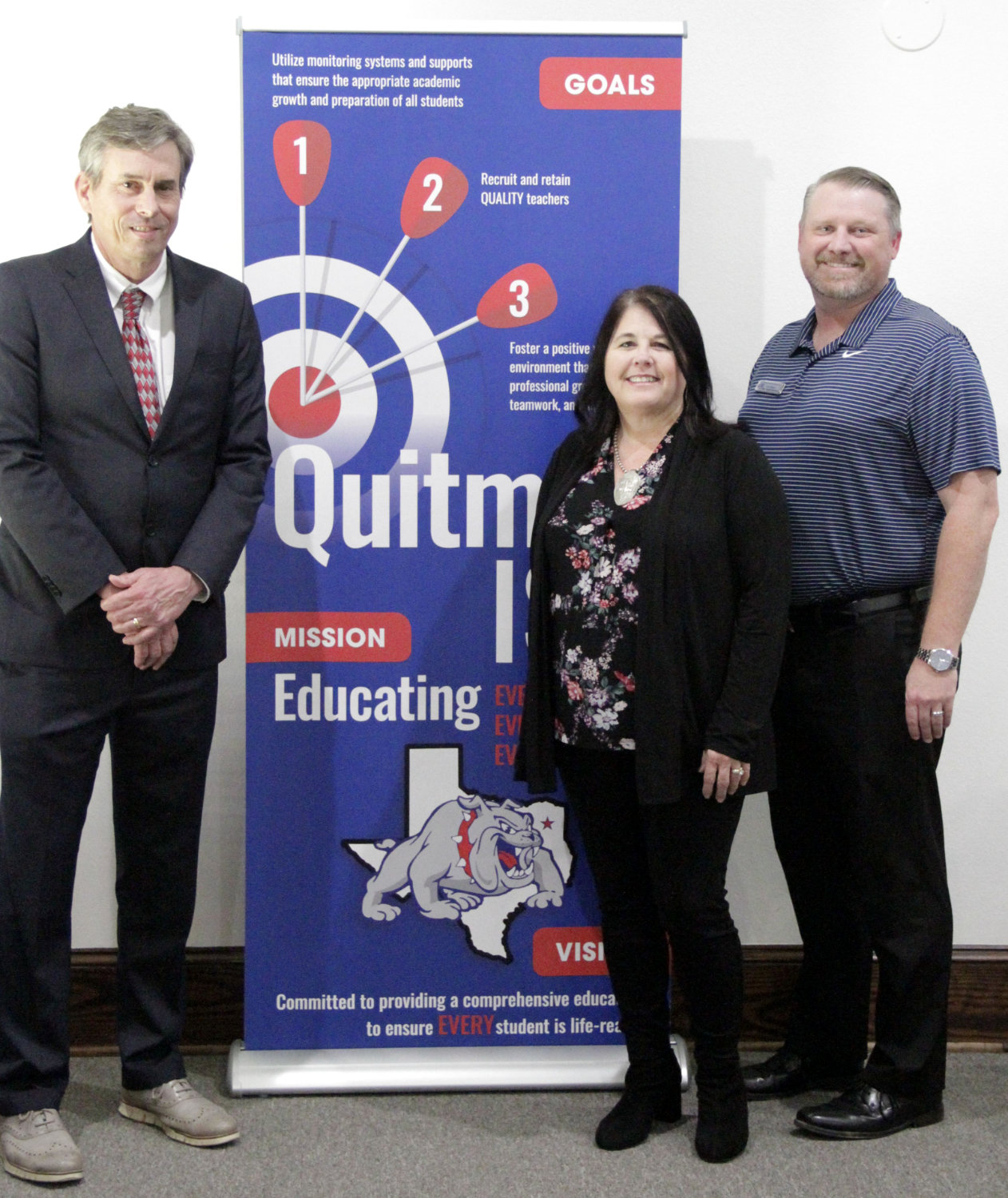 Pictured are (from left) Dr. Wesley Hickey (UT-Tyler), QISD Superintendent Rhonda Turner and QISD Assistant Superintendent Chris Mason.