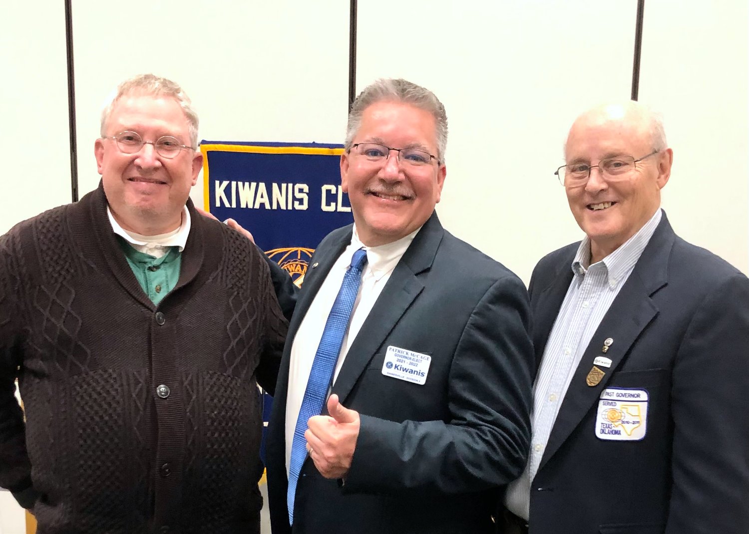 Mineola Kiwanis recently hosted six out of the seven clubs in Division 34 for the Texas-Oklahoma Governor’s visit. Pictured are, from left,  Mineola Kiwanis President John Epps with T-O Governor Patrick McCage of Gainesville and Past Governor Sam Curry of Mineola.  Division 34 Lt. Governor John Wisdom of Quitman led the meeting.