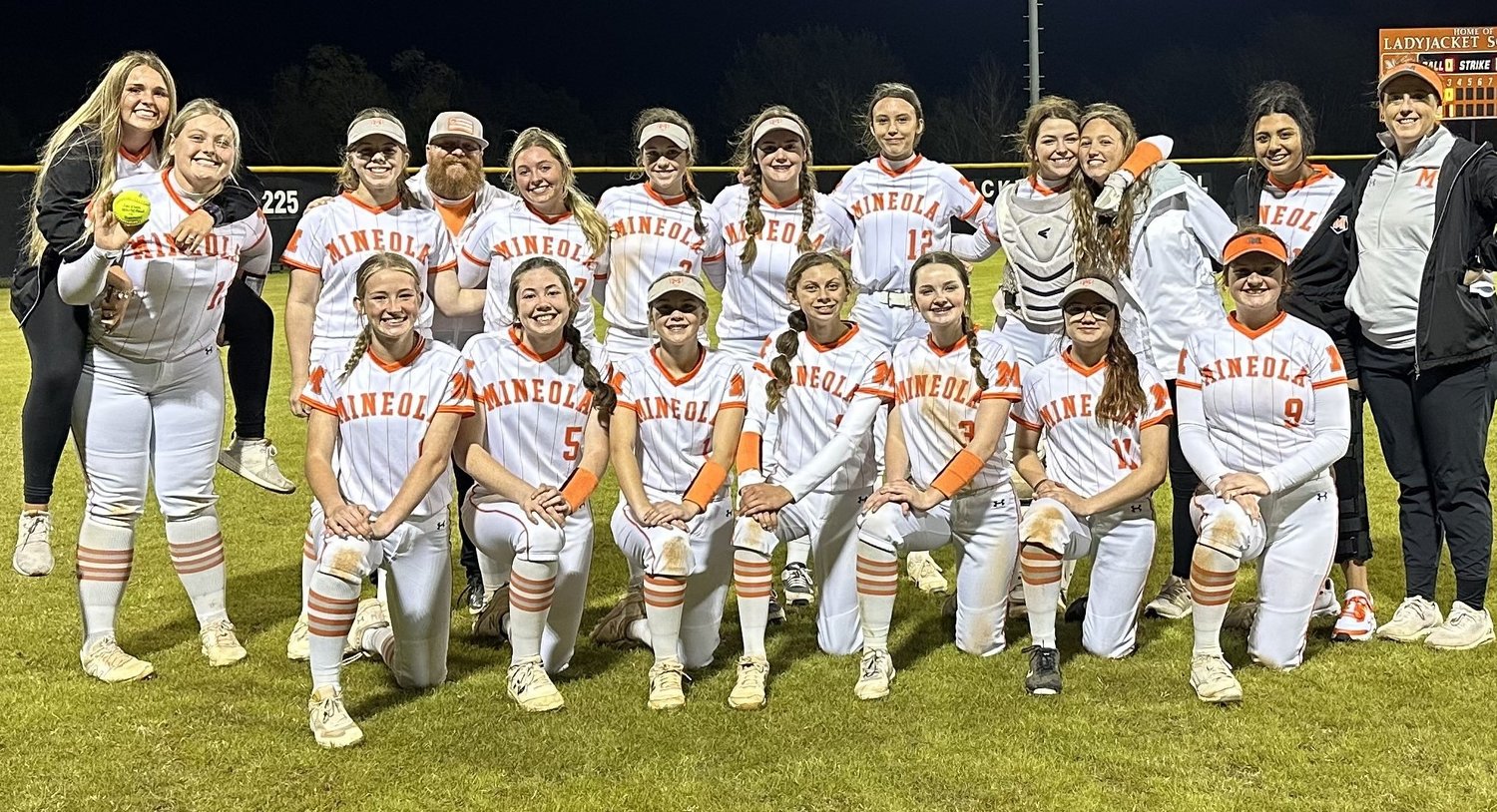 The Mineola softball team came together last Tuesday to record a 6-3 win over the visiting Harmony Lady Eagles. Jadelyn Marshall scattered five hits while striking out nine and issuing only one free pass. Caroline Castleberry, Gracie Finley and Gracie Lindley led the Lady Jackets at the plate by recording multiple base hits. Lady Jacket head coach Taelor Cheshier commented, “Our win against Harmony was a total team win, where every player pitched in to help the team in a selfless manner. As a coach it was one of our proudest moments to know our team came together to beat a good Harmony team for the win.” The Lady Jackets were all smiles in the team photo after the win. They are, back from left, Jocelyn Whitehead, Brooke Louderman (on Jocelyn’s back), Lucy Goodson, Coach Jason Goodson, Lexie Miller, Allie Hooton, Krissie Barker, Mycah Morman, Jaycee Smith, Carmyn Heim, Maddie Short, Coach Taelor Cheshier; front, Clara Marlow, Jadelyn Marshall, Jorja Young, Caroline Castleberry, Gracie Lindley, Destinee Gandy and Gracie Finley. (