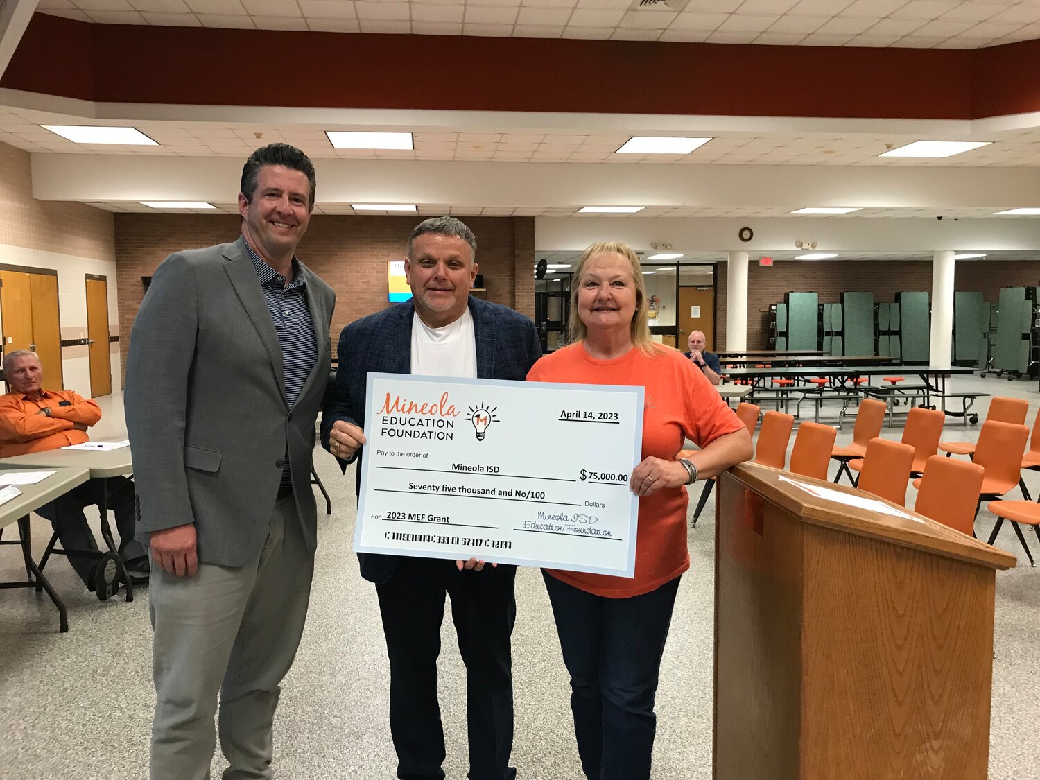 The Mineola ISD Education Foundation awarded $75,000 to the district Monday as the proceeds from the past year’s fundraising efforts. Foundation President Jason Ray, left, and Martha Holmes awarded the funds to School Board Vice President Rodney Watkins Monday night. Holmes noted this brings the total for seven years to $265,000 in teacher grants. This year’s will be awarded in the next few weeks. The first year in 2017 the foundation raised $15,000 for grants.