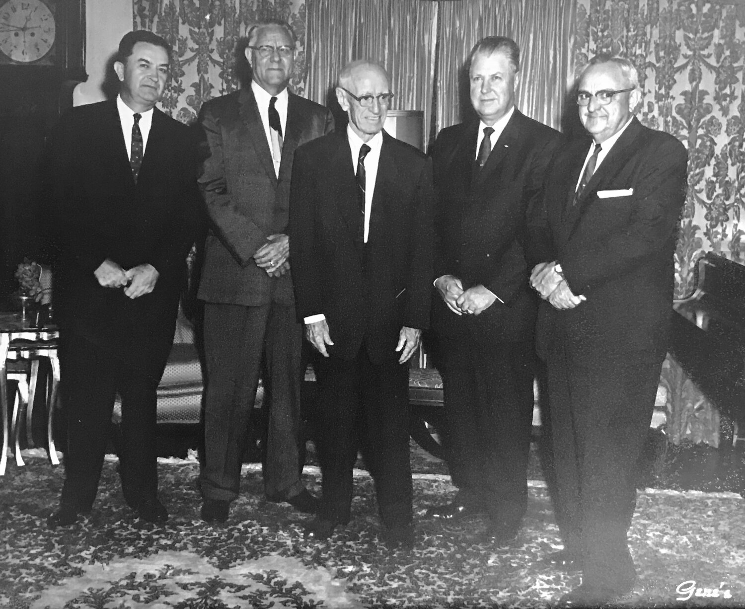 The original board of the Meredith Foundation in 1958 included, from left, Joe Sharp, secretary-treasurer; J.C. Judge, vice chairman; Harry Meredith, chairman; Ross Lukenbill; and Leonard Bruner.
