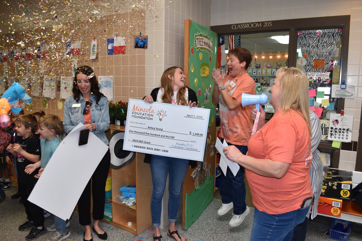 Kelsey Young and Stacy Wedding are excited to receive a $1,500 grant for motor skill development toys for the Mineola Primary School. The Mineola Education Foundation passed out 39 classroom teacher grants on Friday.