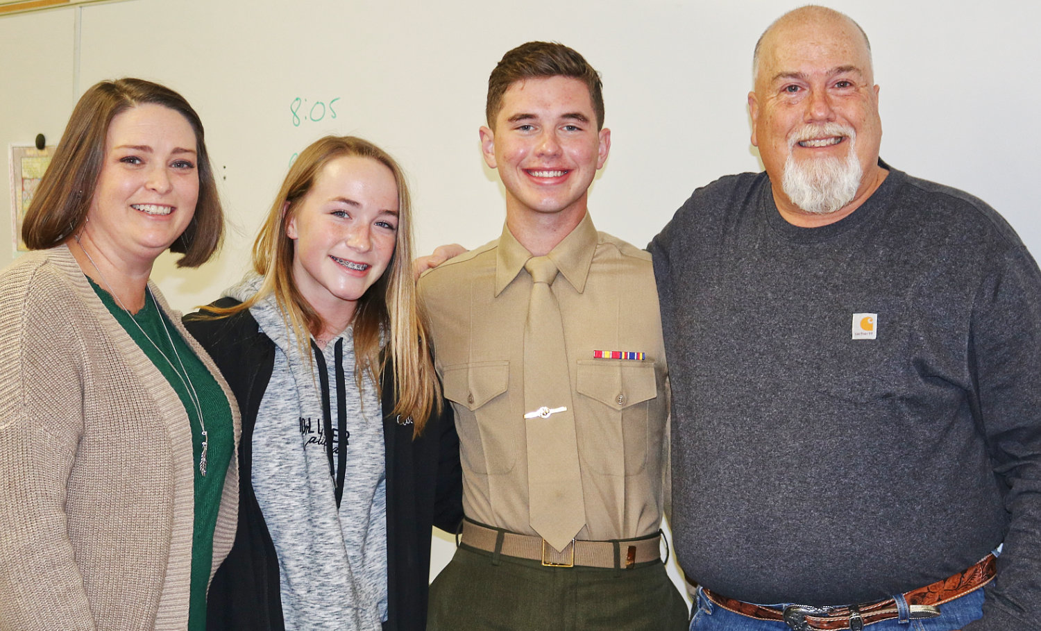 The Herring family got a nice surprise Monday when Quitman grad and Marine Tobie Herring paid a visit to his dad, John, and sister, Elizabeth in their respective classes at Quitman High School. In on the surprise was step-mom Lindsey.