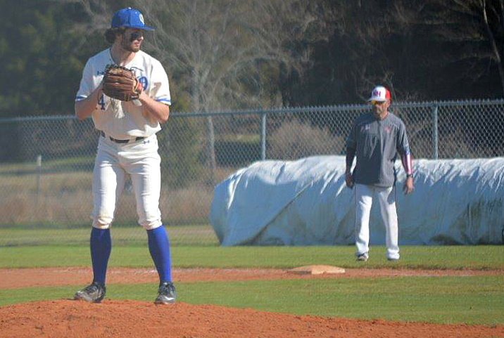 Quitman’s Aiden Corrior prepares to throw a pitch against North Hopkins last Thursday. Corrior and Landon Richey combined for a no-hitter striking out a total of 12 against the Panthers.
