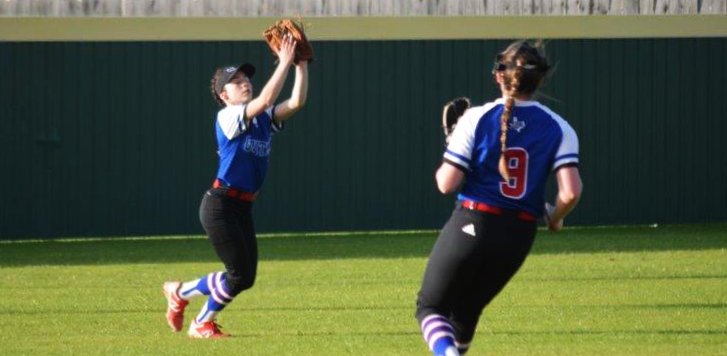 Quitman’s Addie Marcee makes a fine catch in centerfield as shortstop Alexis O’Neal (9) comes out for a relay throw Friday against Winnsboro.