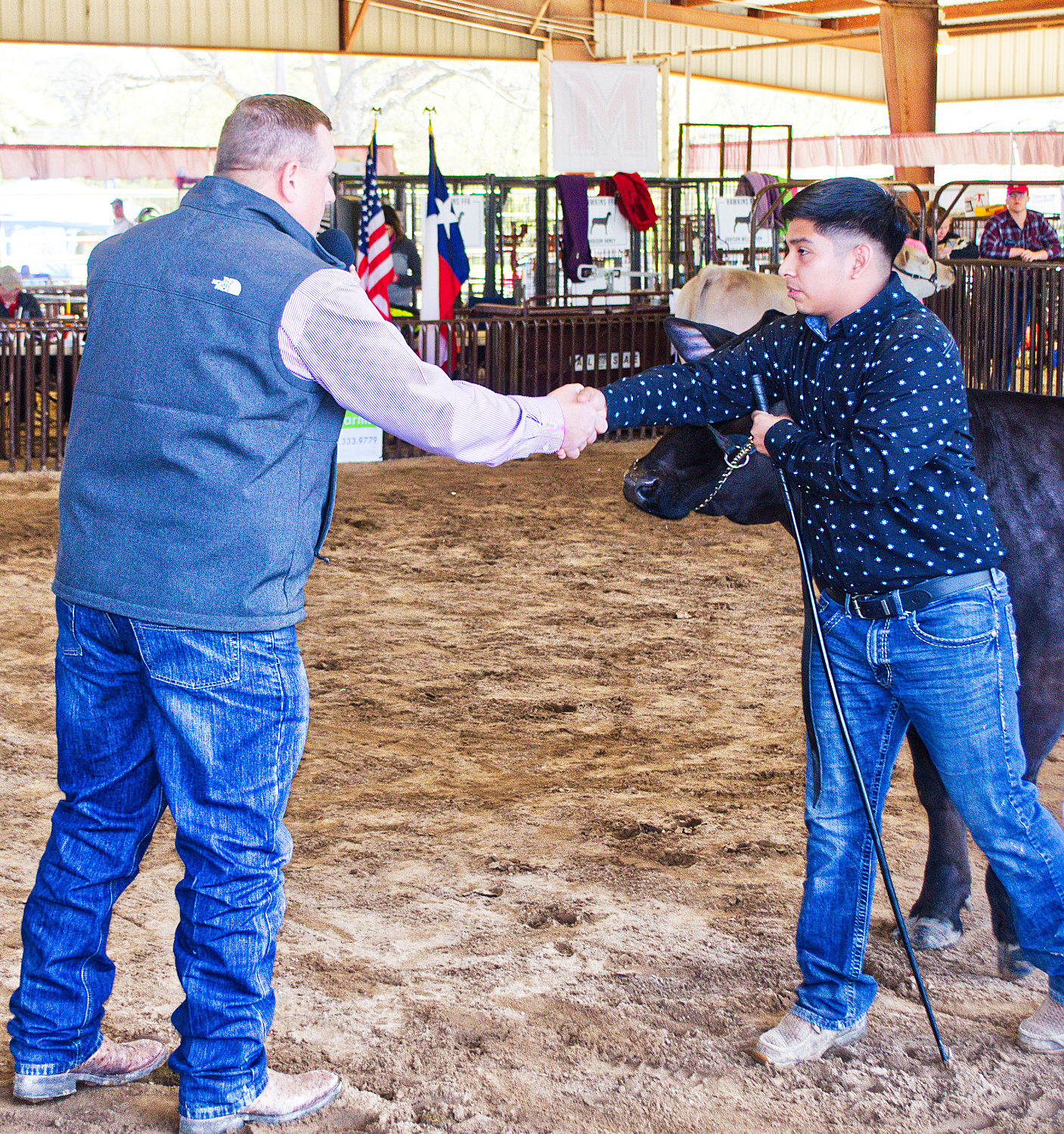 Antonio Ventura of the Mineola FFA is congratulated by beef judge Rusty Turner for winning his class in the steer show at the Wood County Junior Livestock Show Friday. Minutes later Turner selected Ventura’s steer as the grand champion.