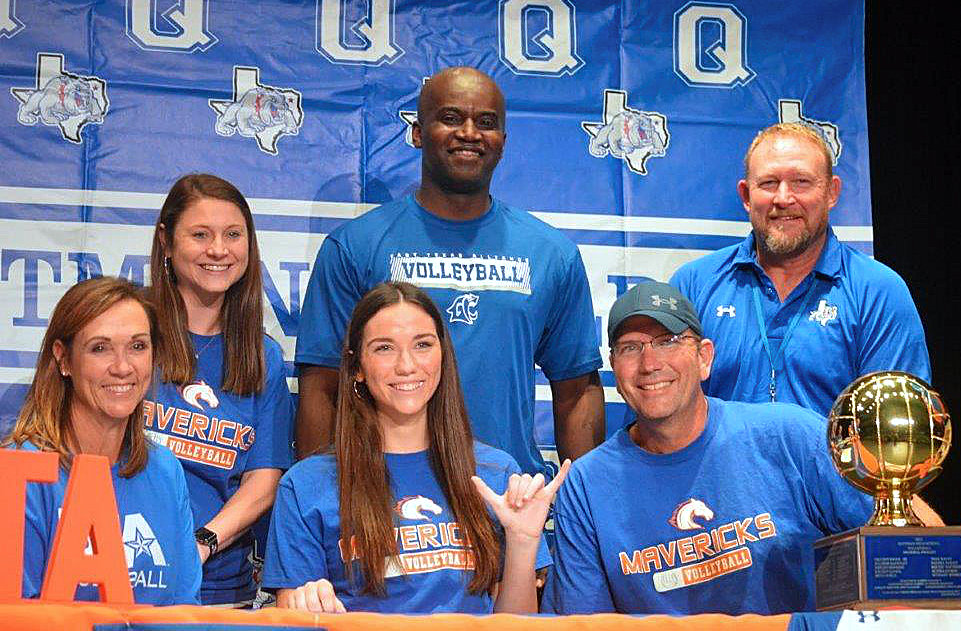 Quitman’s Ava Burroughs signed a letter of intent to attend and play volleyball at the University of Texas at Arlington. Pictured are (back from left) Quitman Coach Ashlee Lingo, ETA1 Club Coach Leo Scott, and Quitman Athletic Director Shane Webber; and (front) Kevan Burroughs, Ava Burroughs and Will Burroughs.