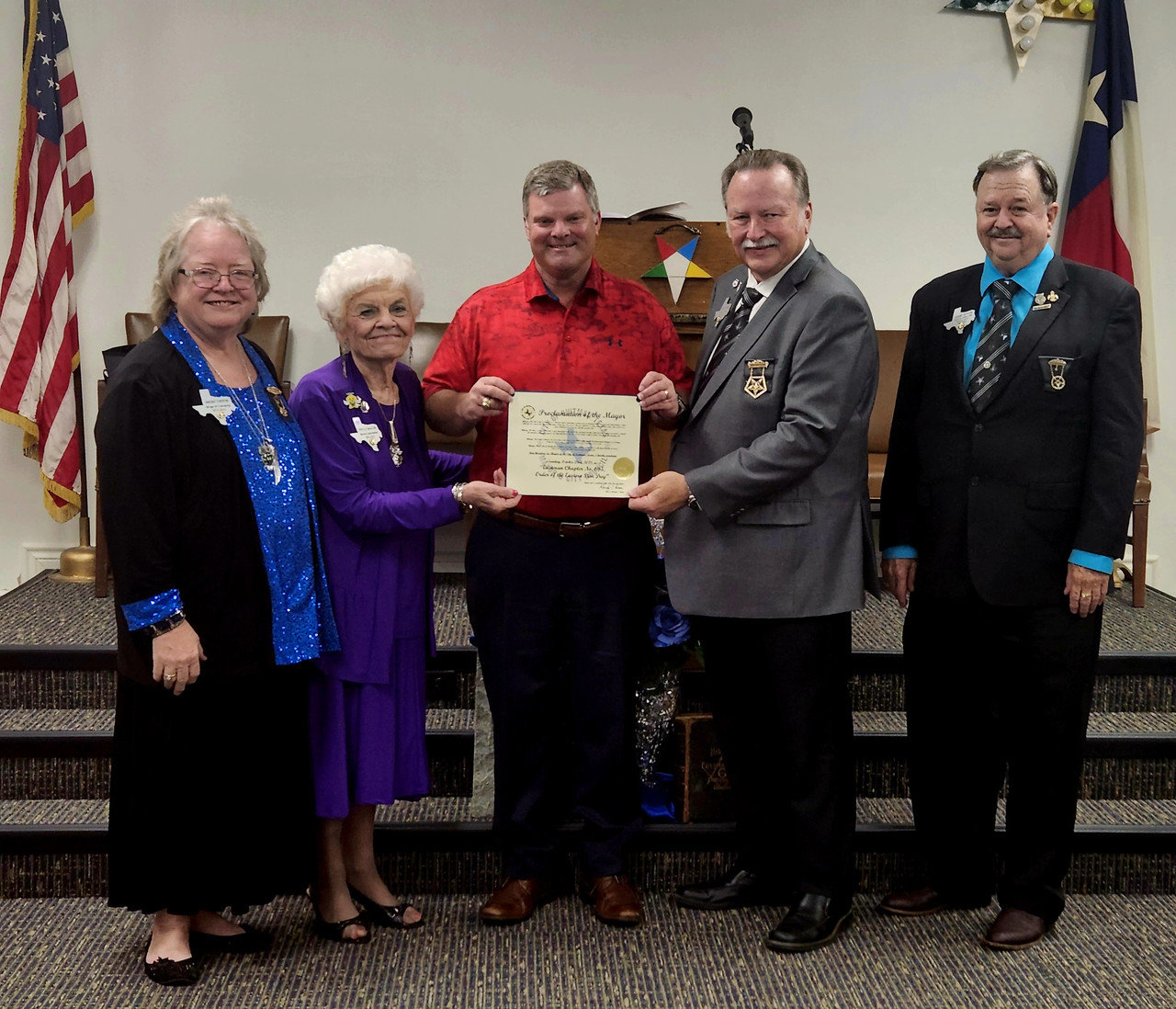 Quitman Mayor Pro Tem David Dobbs presented a proclamation that Oct. 23 is Eastern Star Day, from left, Margaret Turrentine, Worthy Matron; Phyllis Macon, Worthy Grand Matron; Dobbs; James R. Parker, Worthy Grand Patron; and Gary Dixon, Worthy Patron.