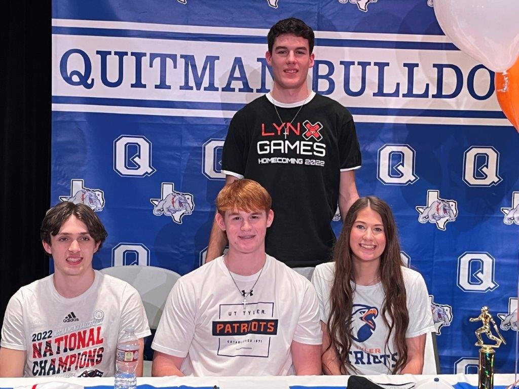 These Quitman seniors have signed letters of intent to further their education and athletic careers at the collegiate level. They are (standing) Ethan Presley, Rhodes College-football; (seated from left) Levi Thompson, Missouri Baptist Bible College-basketball; Landon Richey, UT-Tyler baseball; and Kameron Farnham, UT-Tyler cheer.