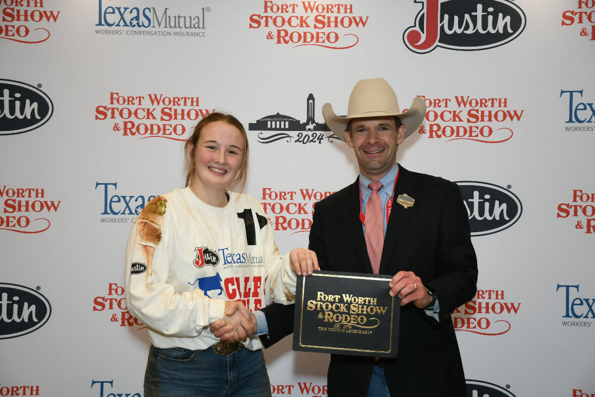 Kori Hammond won a $500 purchase certificate toward a heifer for a 4-H or FFA project for exhibition at next year’s Fort Worth Stock Show & Rodeo. The certificate, presented by Stock Show Calf Scramble Committee Chairman, Paxton Motheral, was sponsored by Randy Rogers Band.